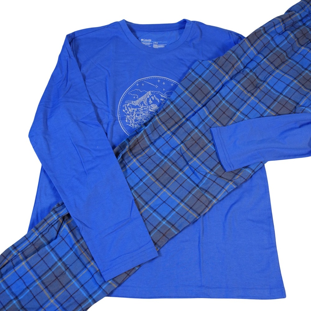 Columbia Pajama Pants Set Men Large Long Sleeve Shirt Mountain Graphic Blue